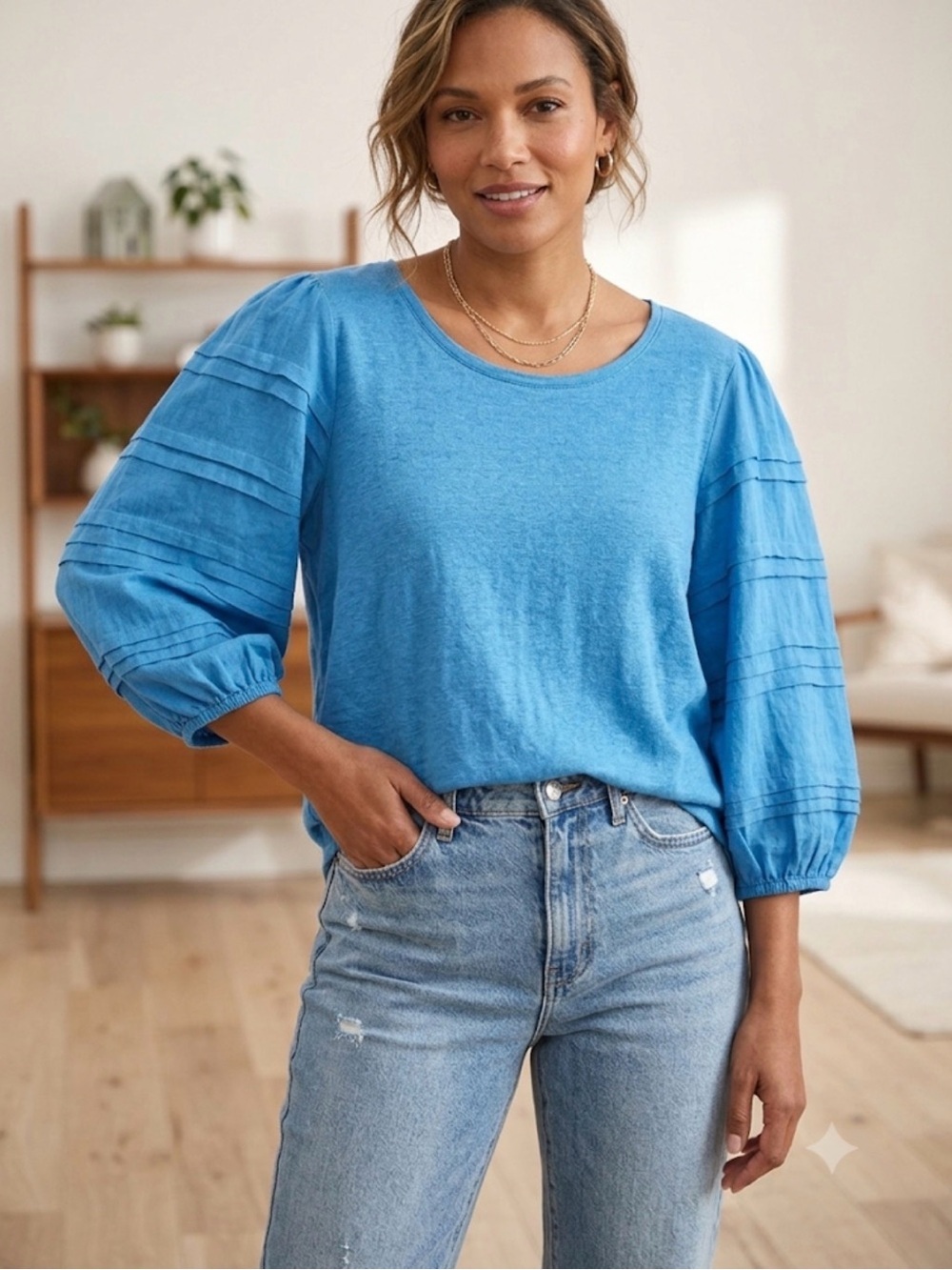 Chico’s Linen Detailed puff sleeved blouse Pool Side Blue Size 3 (XL-16) boho - Picture 7 of 7